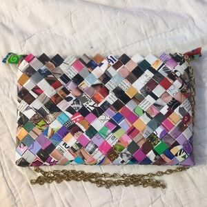 Multicolor Woven Clutch with Gold Chain